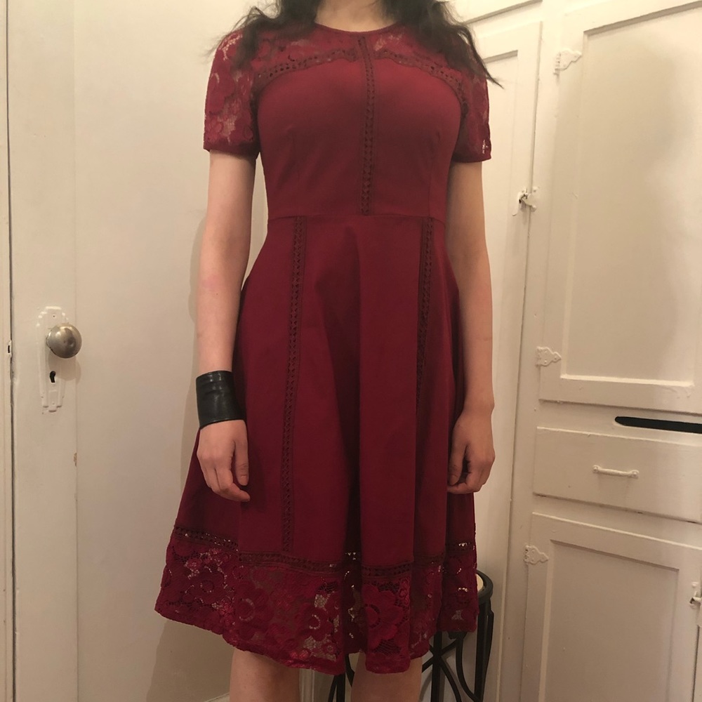 Mid Length burgundy dress, crochet sleeves and hem